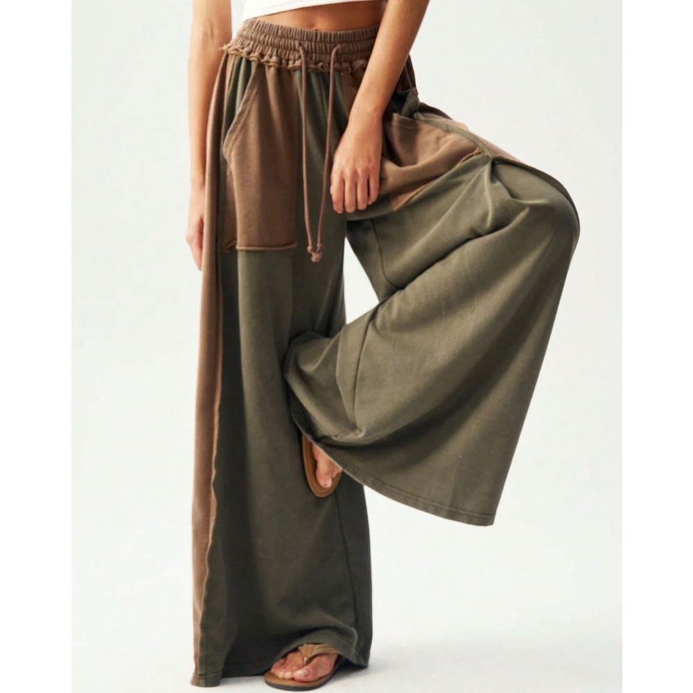 Color Block Stretchy Waist Drawstring Pockets Wide Leg Pants - Picture 1 of 5